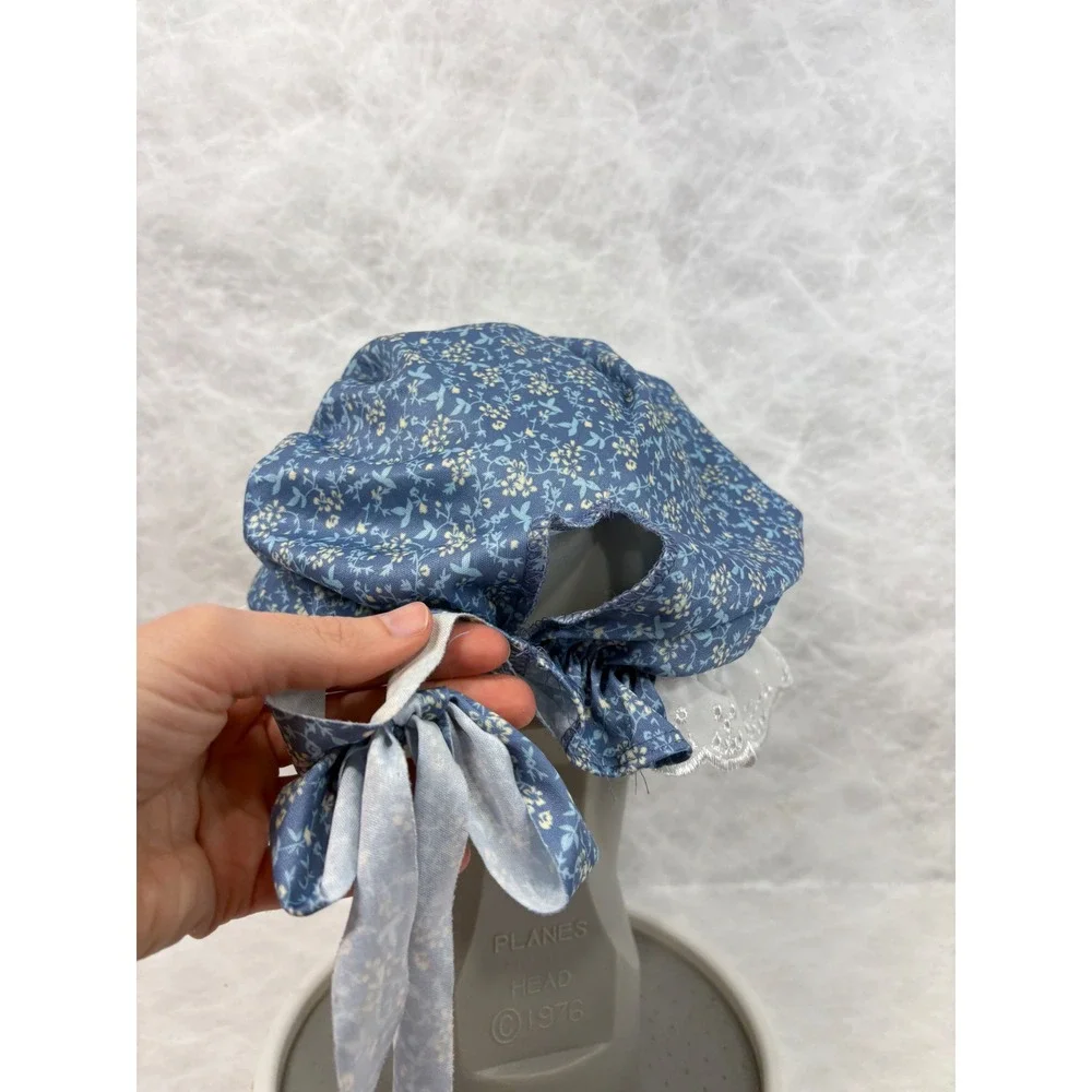 Vintage Style Blue Floral Calico Sun Bonnet White Eyelet Lace Trim Prairie Hat
